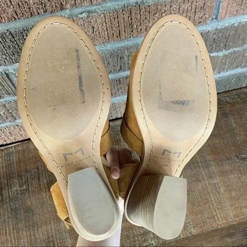 NEW, Marc Fisher, Vega, Suede Peep Toe Sandal, Stacked Block‎ Heel, Tan, Brown